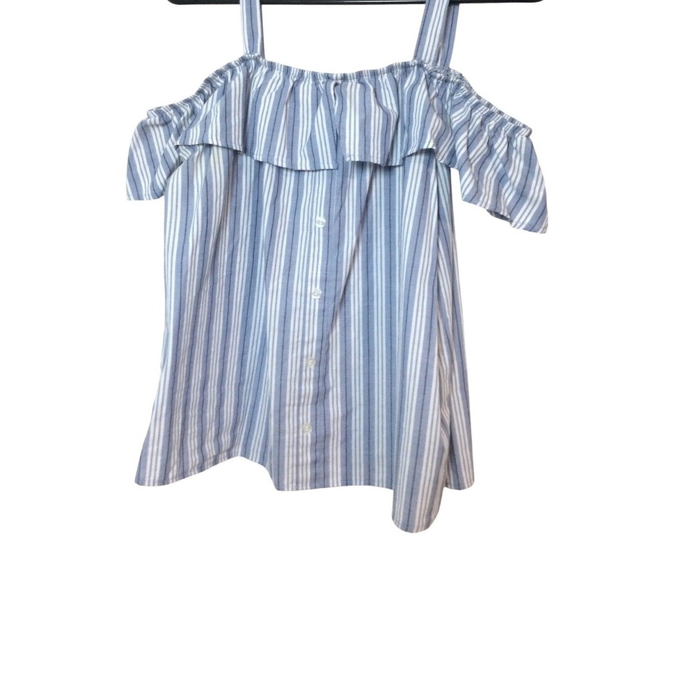 No Comment Striped Cold Shoulder Ruffle Top Button Down Blouse Blue Size M (133)
